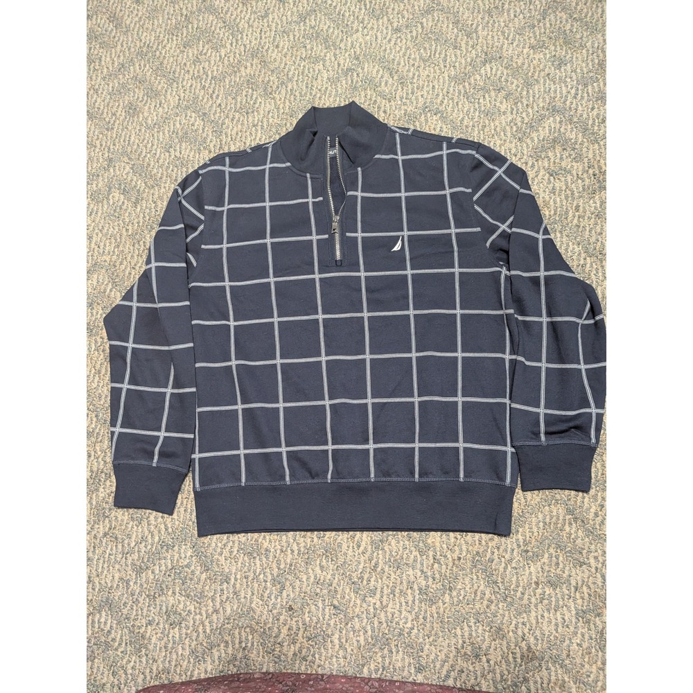 Nautica Mens Navy Blue Windowpane Grid Quarter Zip Fleece Pullover KC7334 Large